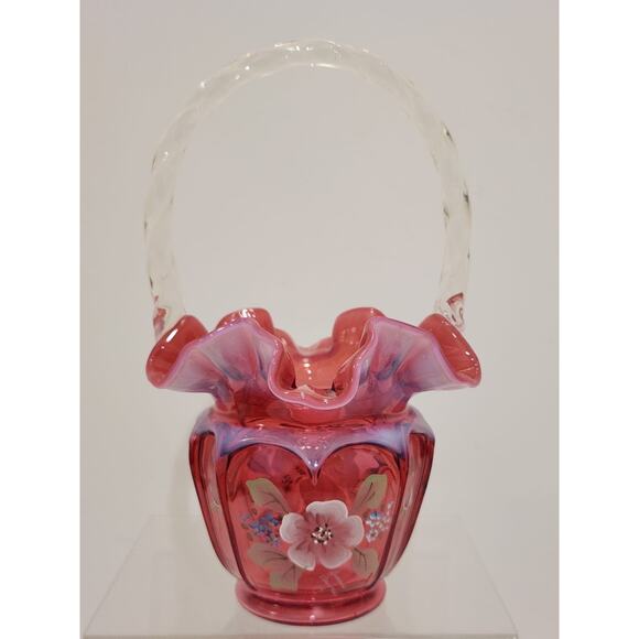 Fenton Art Glass Cranberry Opalescent Open Heart Arches BILL & GEORGE Basket - Picture 1 of 11